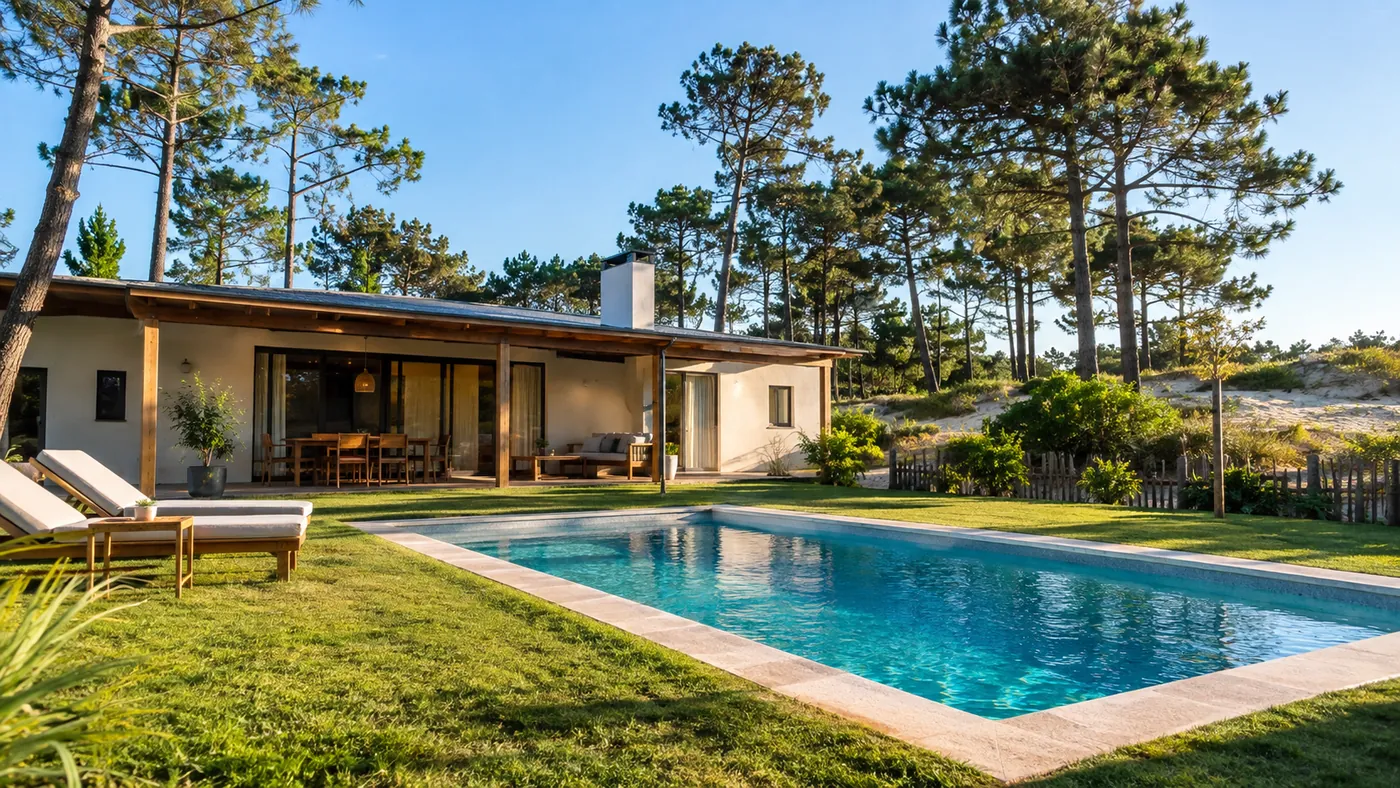 Casa baja con galería de madera y piscina rectangular en un jardín rodeado de pinos