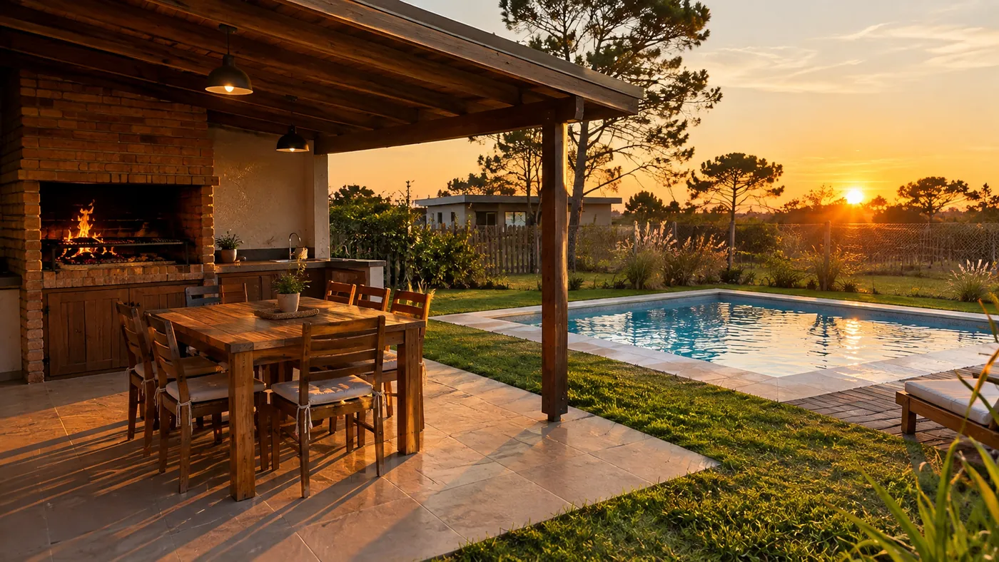 Parrillero de ladrillo encendido junto a una mesa de madera y una piscina al atardecer