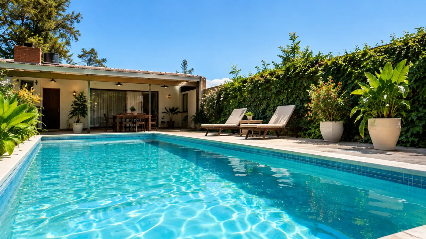 Piscina de una casa de barrio con reposeras y una medianera cubierta de enredadera