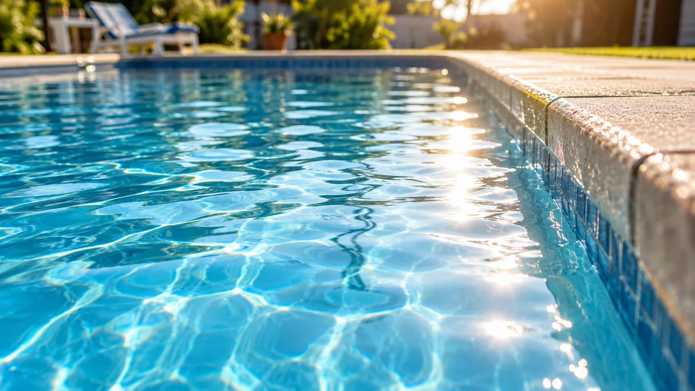 Detalle del agua de una piscina con el reflejo del sol sobre el borde de baldosas