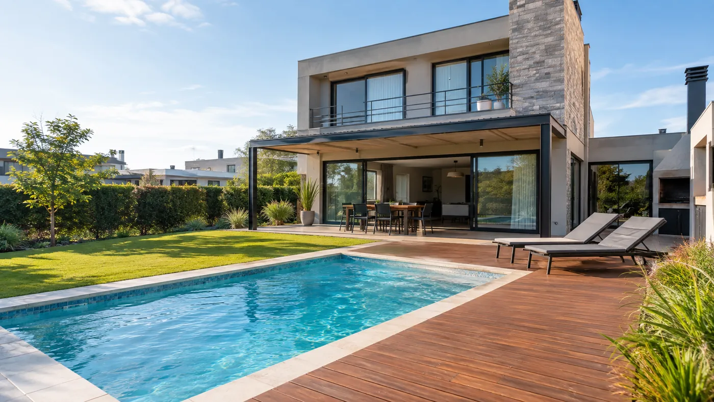 Casa moderna de dos plantas con deck de madera y piscina